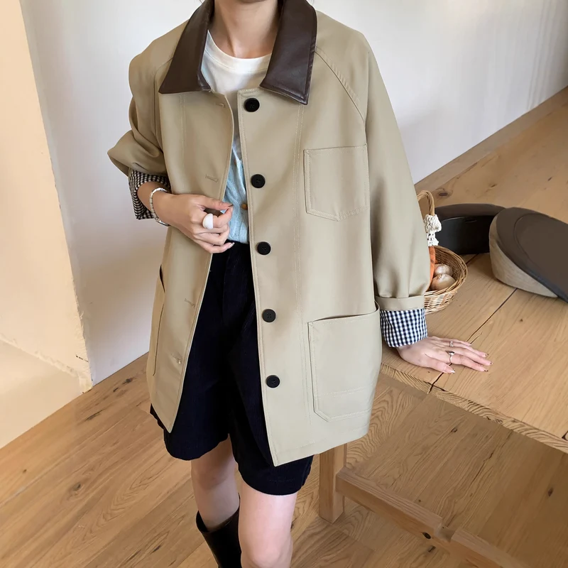 Damen Leichte Oversize-Übergangsjacke mit Kontrastkragen und kariertem Ärmelsaum Nord Taschen