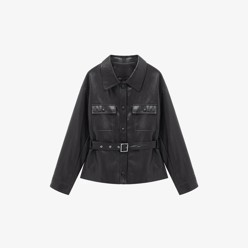 Damen Lederjacke mit Taillengürtel und aufgesetzten Pattentaschen Nord Taschen