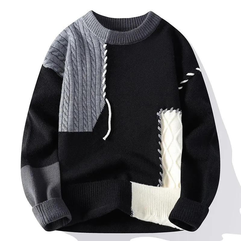 Unisex Patchwork-Strickpullover mit Zopfmuster-Applikationen und Rippabschlüssen Nord Taschen