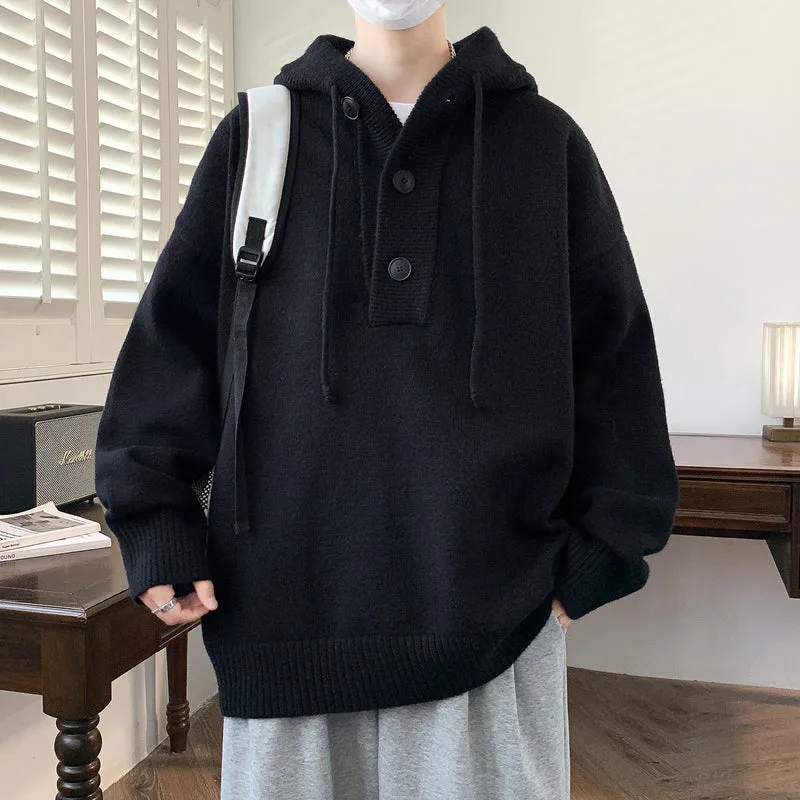 Unisex Oversize Strick-Hoodie mit Halbknopfblende und Rippbündchen Nord Taschen