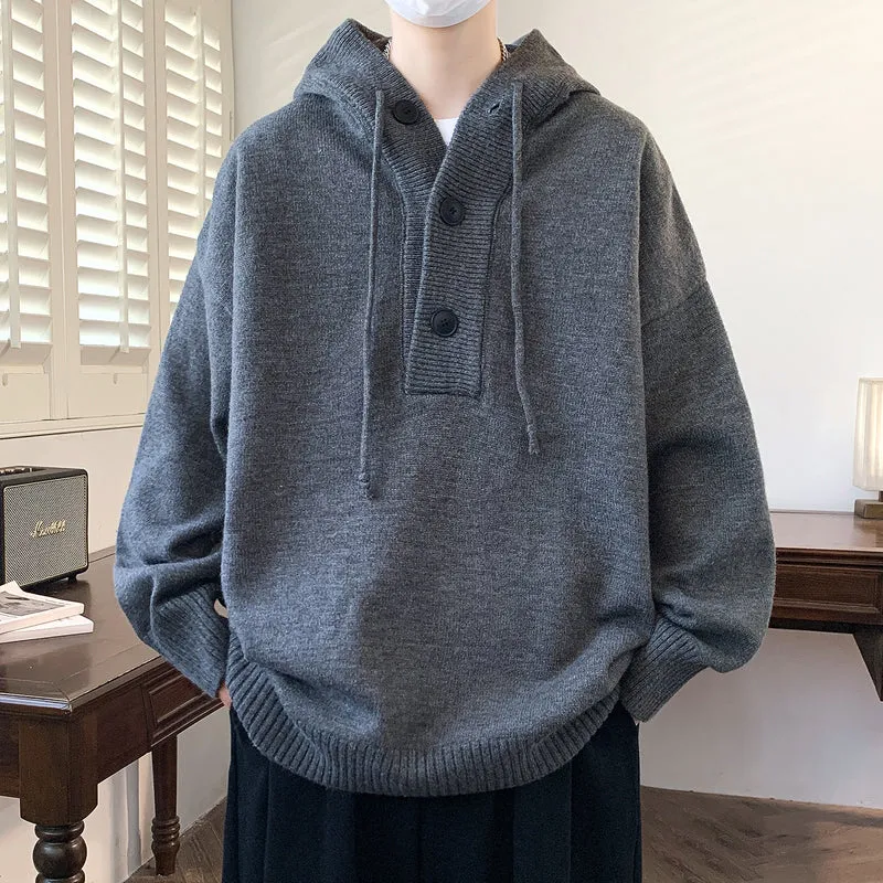 Unisex Oversize Strick-Hoodie mit Halbknopfblende und Rippbündchen Nord Taschen