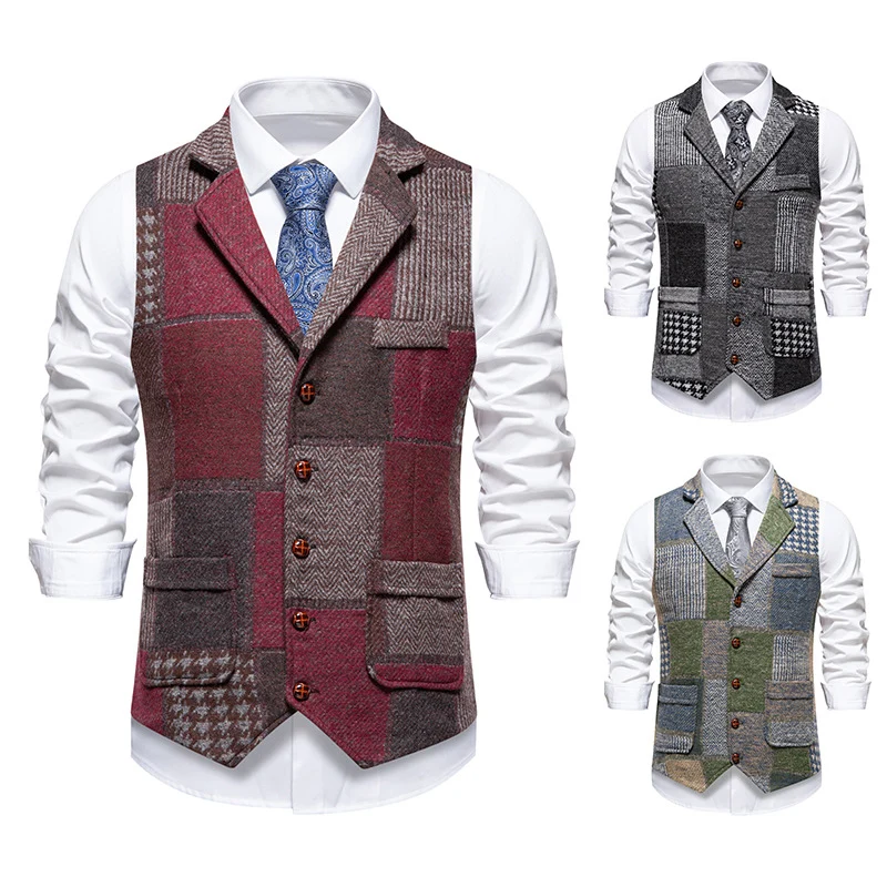 Herren Patchwork-Tweed-Weste mit Reverskragen und Pattentaschen Nord Taschen