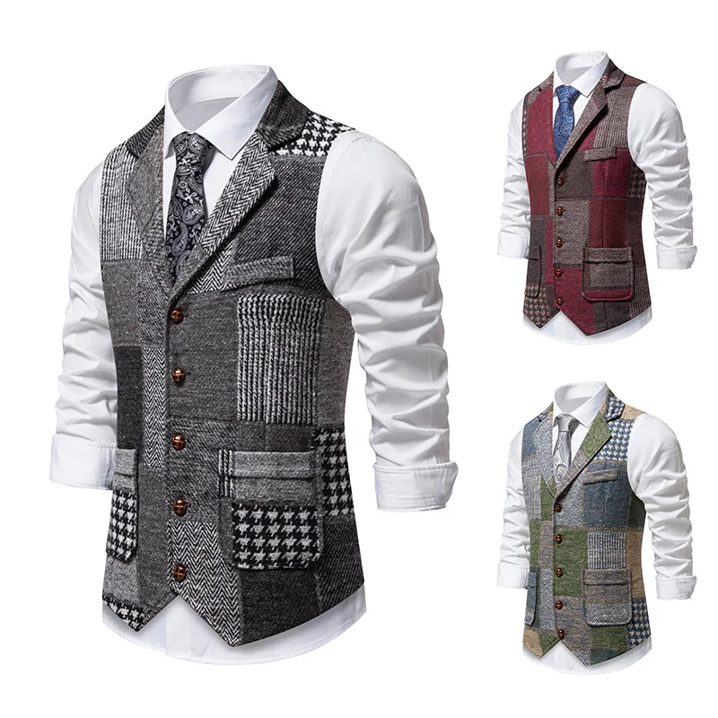 Herren Patchwork-Tweed-Weste mit Reverskragen und Pattentaschen Nord Taschen