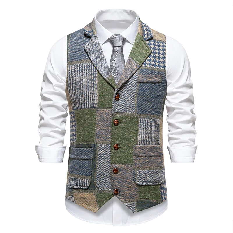 Herren Patchwork-Tweed-Weste mit Reverskragen und Pattentaschen Nord Taschen