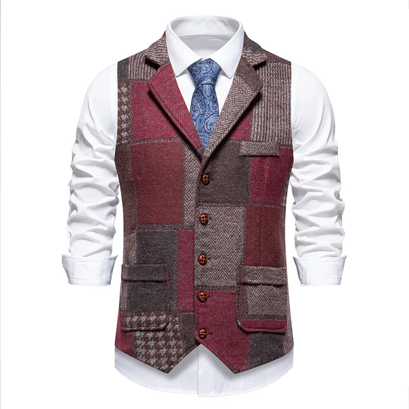 Herren Patchwork-Tweed-Weste mit Reverskragen und Pattentaschen Nord Taschen