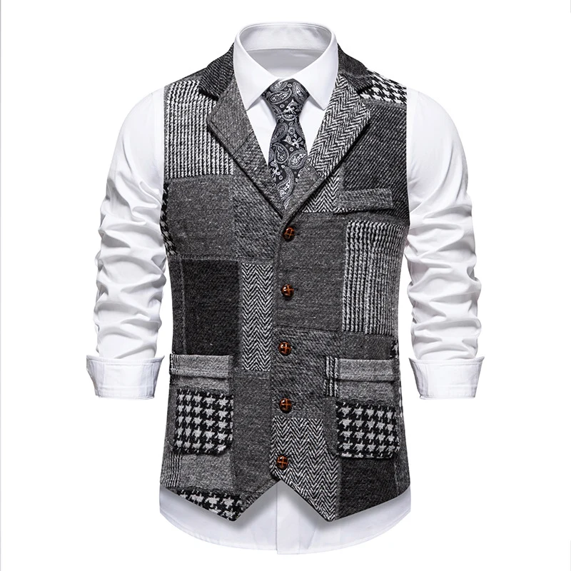 Herren Patchwork-Tweed-Weste mit Reverskragen und Pattentaschen Nord Taschen