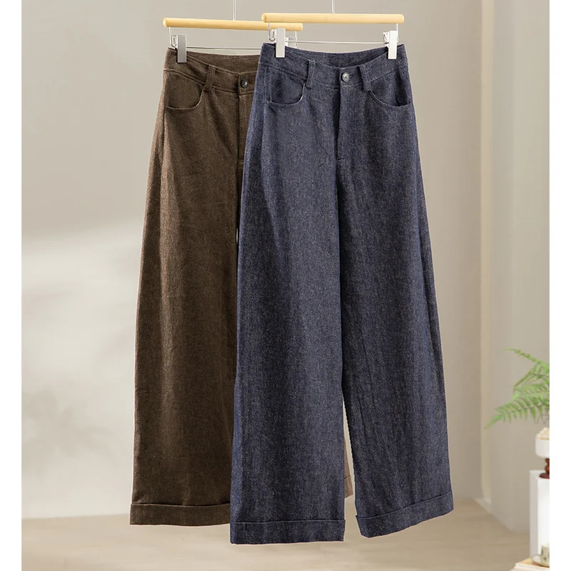 Damen Weite High-Waist-Jeanshose mit Bügelfalte und Umschlagsaum Nord Taschen