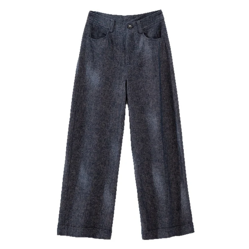 Damen Weite High-Waist-Jeanshose mit Bügelfalte und Umschlagsaum Nord Taschen