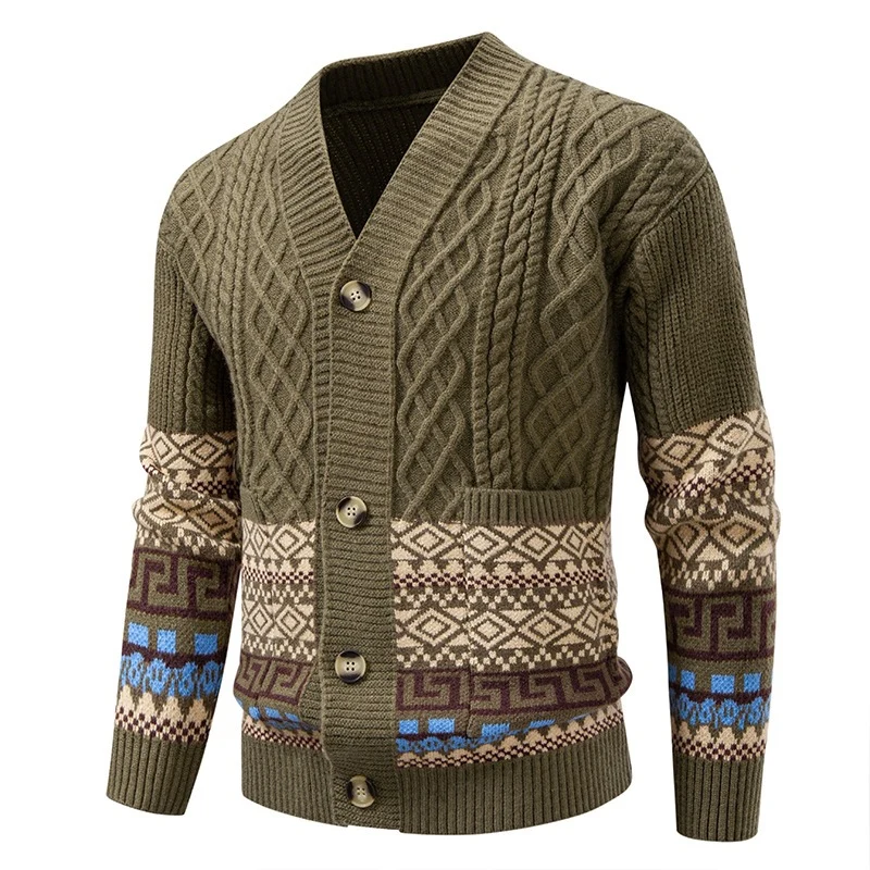 Herren Strickcardigan mit Zopfmuster, Jacquard-Bündchen und Knopfverschluss Nord Taschen