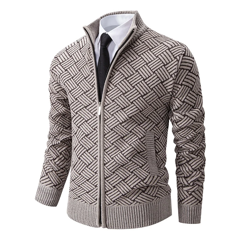 Herren Strick-Zipjacke mit geometrischem Strukturmuster und Stehkragen Nord Taschen