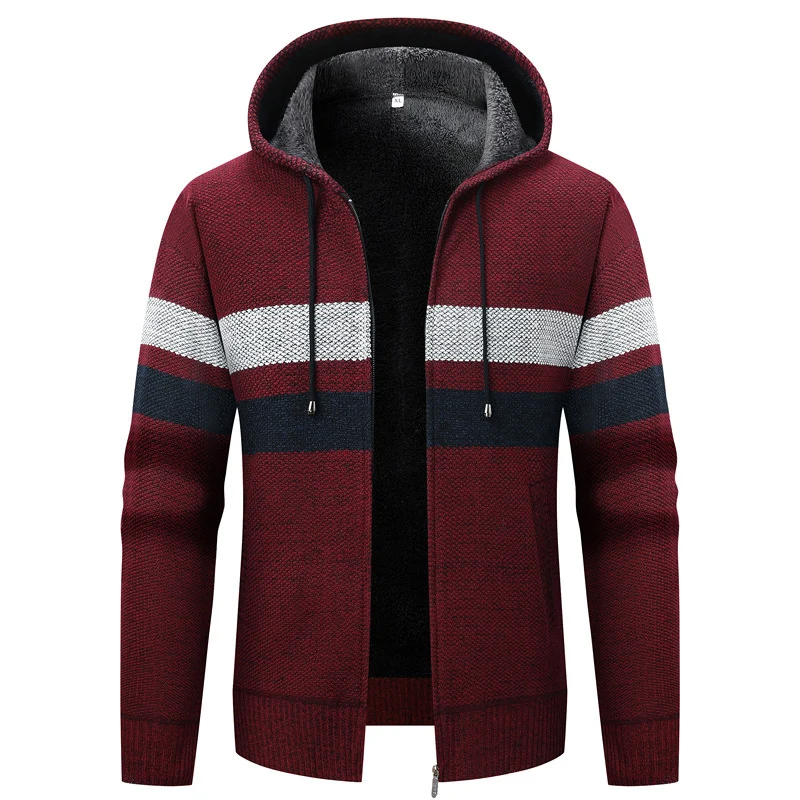 Herren Strick-Ziphoodie mit Teddyfutter, durchgehendem Reißverschluss und Blockstreifen Nord Taschen