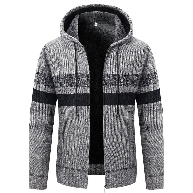 Herren Strick-Ziphoodie mit Teddyfutter, durchgehendem Reißverschluss und Blockstreifen Nord Taschen