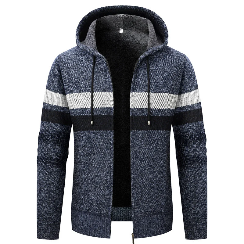 Herren Strick-Ziphoodie mit Teddyfutter, durchgehendem Reißverschluss und Blockstreifen Nord Taschen