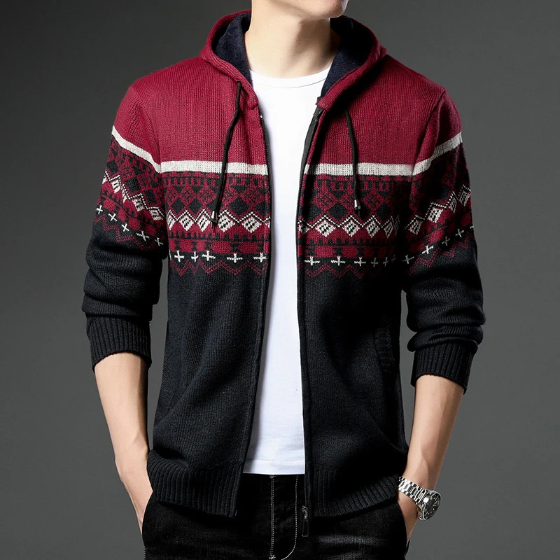 Herren Strick-Zip-Hoodie mit Norwegermuster, Kapuze und Eingrifftaschen Nord Taschen