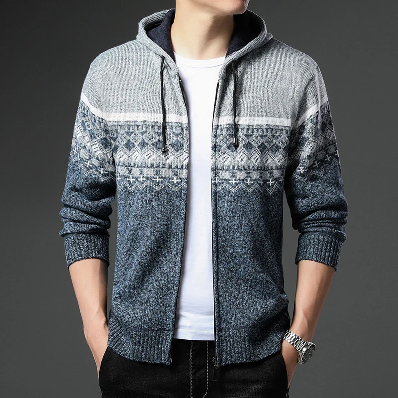 Herren Strick-Zip-Hoodie mit Norwegermuster, Kapuze und Eingrifftaschen Nord Taschen
