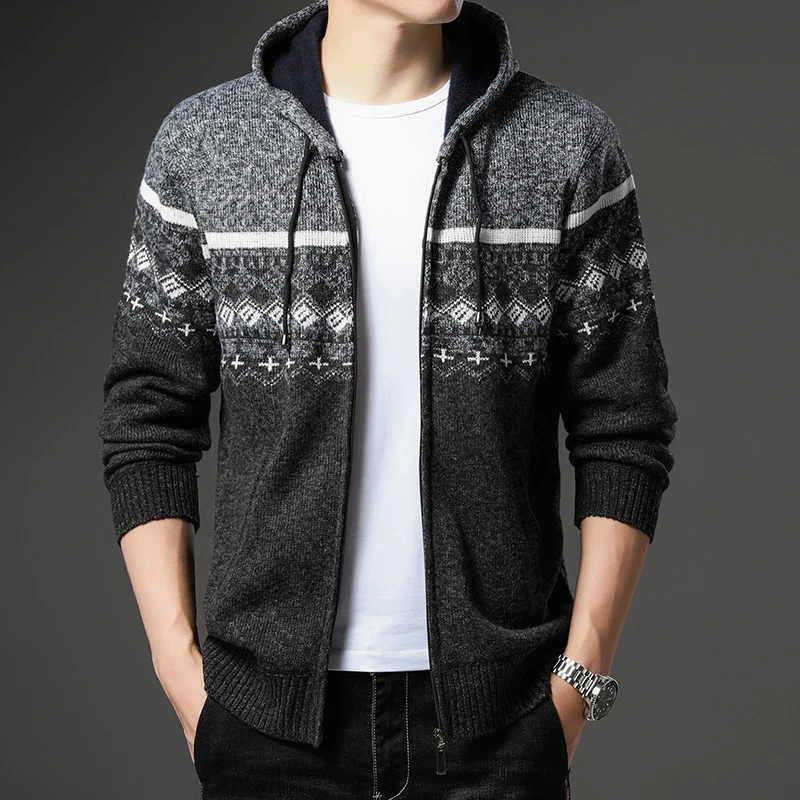 Herren Strick-Zip-Hoodie mit Norwegermuster, Kapuze und Eingrifftaschen Nord Taschen
