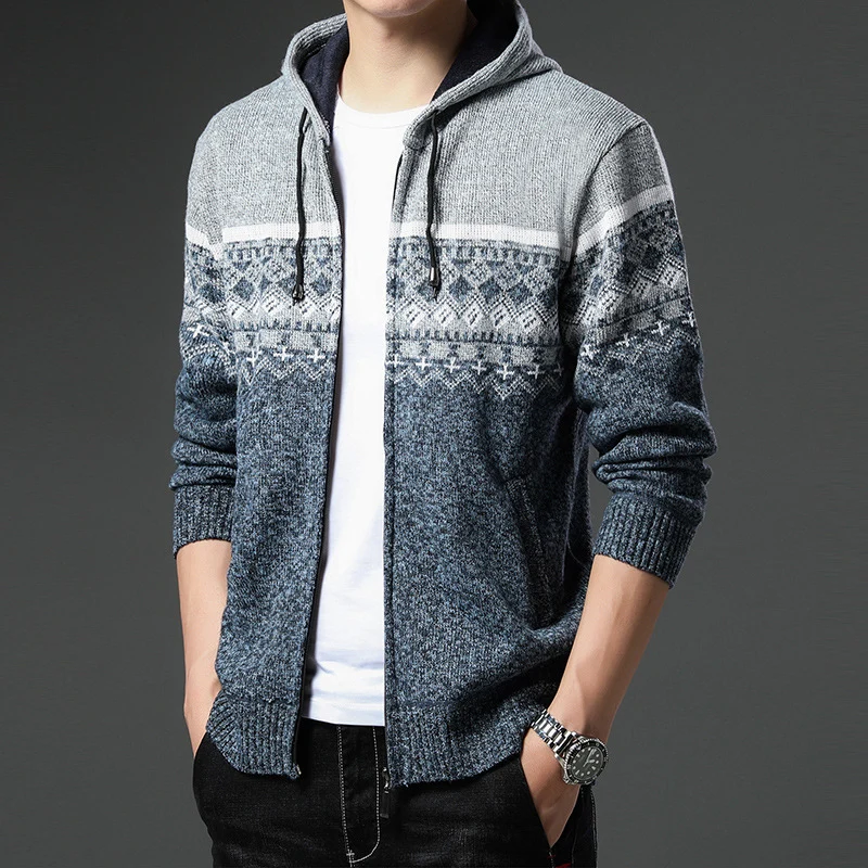 Herren Strick-Zip-Hoodie mit Norwegermuster, Kapuze und Eingrifftaschen Nord Taschen