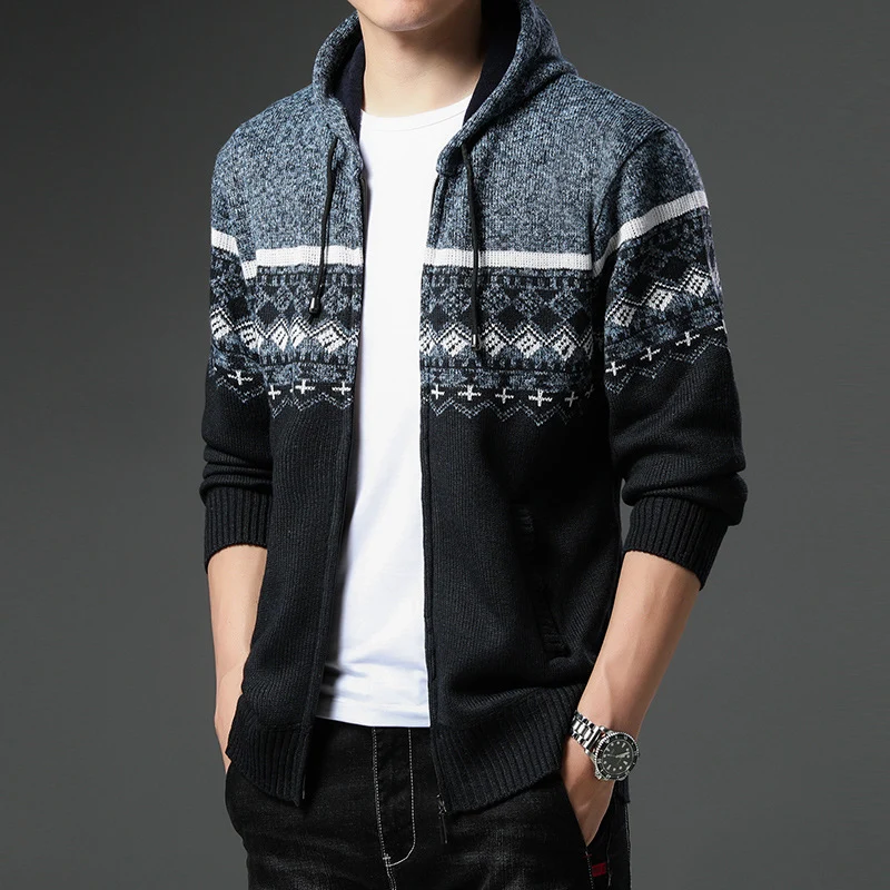 Herren Strick-Zip-Hoodie mit Norwegermuster, Kapuze und Eingrifftaschen Nord Taschen