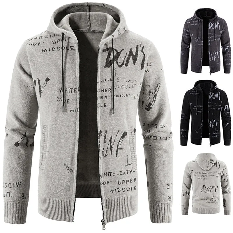 Herren Strick-Kapuzenjacke mit durchgehendem Reißverschluss, grafischem Allover-Print und Eingrifftaschen Nord Taschen