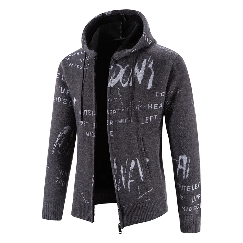 Herren Strick-Kapuzenjacke mit durchgehendem Reißverschluss, grafischem Allover-Print und Eingrifftaschen Nord Taschen