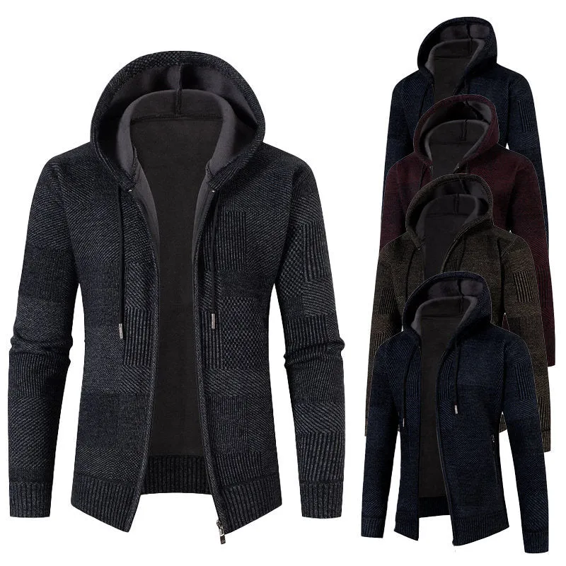 Herren Strick-Kapuzenjacke mit durchgehendem Reißverschluss, gefütterter Kapuze und strukturierter Patchwork-Optik Nord Taschen