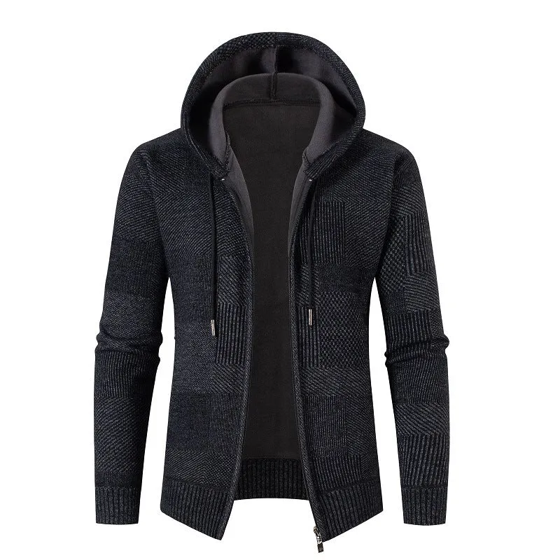 Herren Strick-Kapuzenjacke mit durchgehendem Reißverschluss, gefütterter Kapuze und strukturierter Patchwork-Optik Nord Taschen