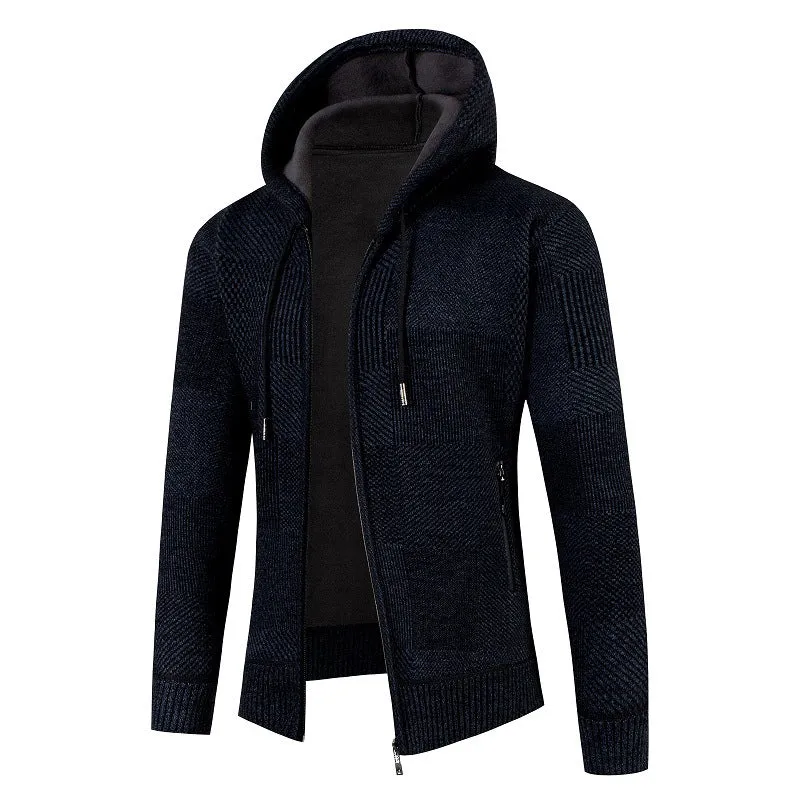 Herren Strick-Kapuzenjacke mit durchgehendem Reißverschluss, gefütterter Kapuze und strukturierter Patchwork-Optik Nord Taschen