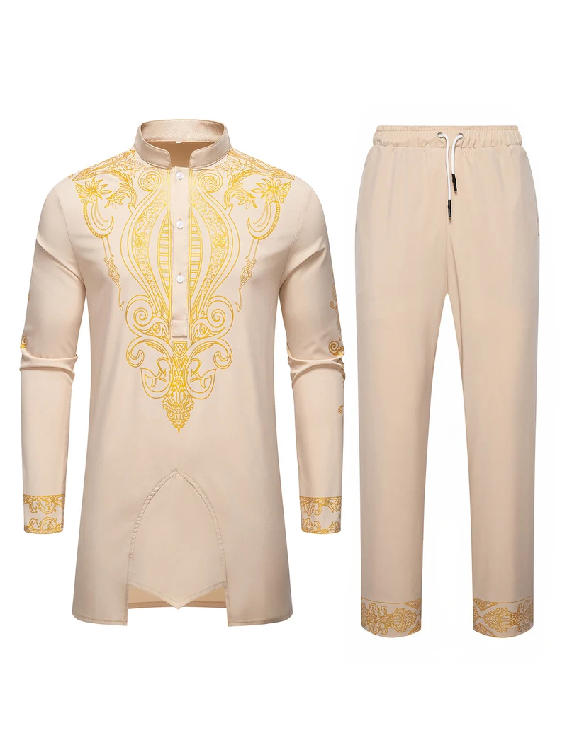 Herren Tunika Anzug mit Stehkragen und ornamentaler Goldapplikation Nord Taschen