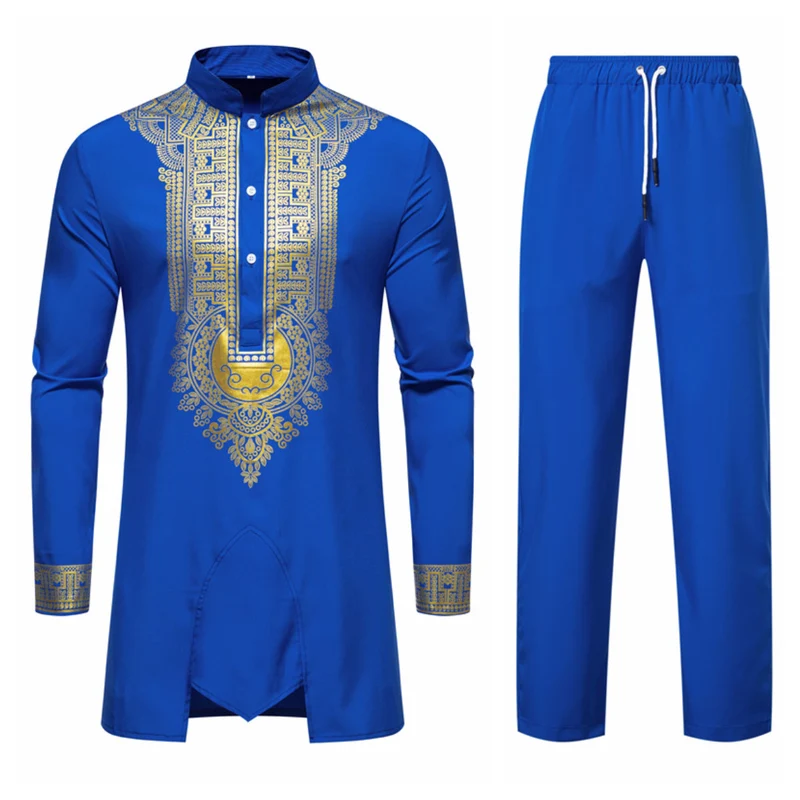Herren Traditionelles Tunika-Set mit Stehkragen und goldfarbenem Ornamentdruck, Longshirt & Tunnelzughose Nord Taschen
