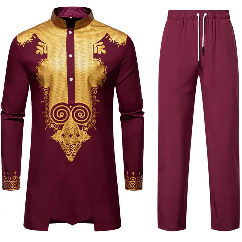 Herren Traditionelles Tunika-Set mit Mandarinkragen und goldverzierten Ornamenten Nord Taschen