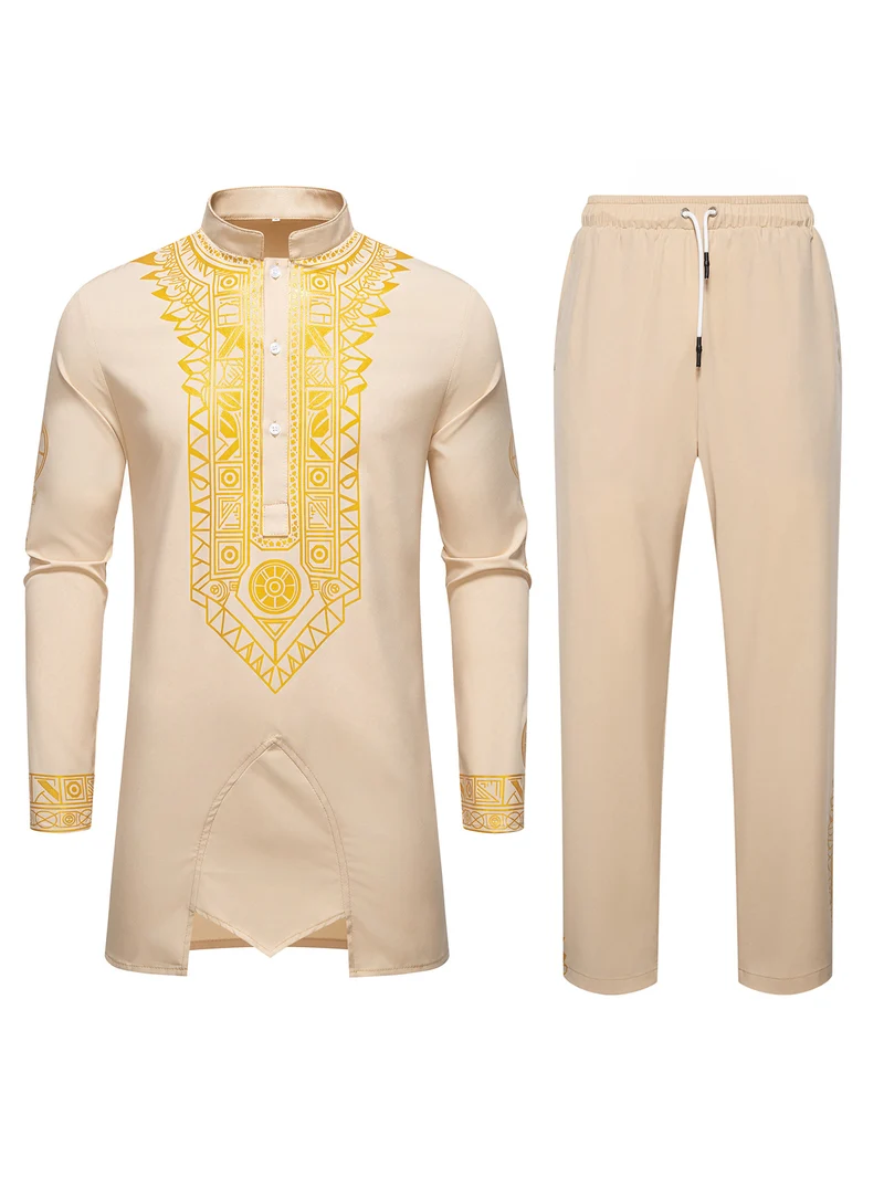 Herren Traditionelles Langarm-Kurta-Set mit Stehkragen, goldfarbenem Ornamentdruck und Tunnelzughose Nord Taschen