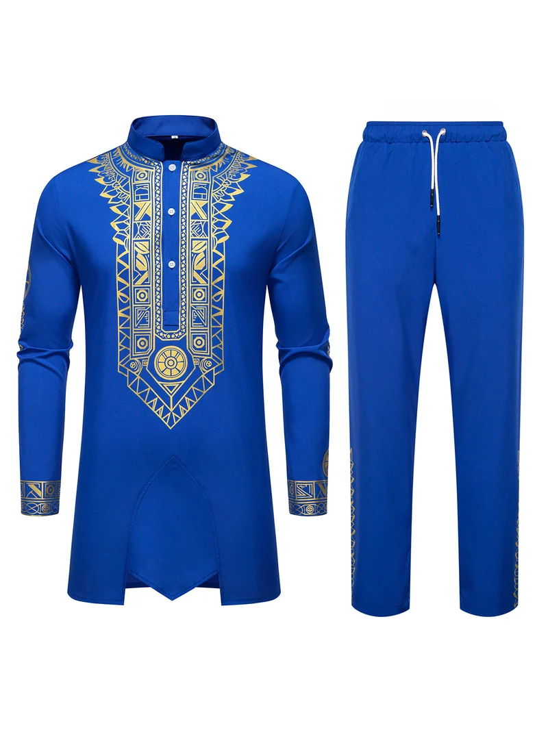 Herren Traditionelles Langarm-Kurta-Set mit Stehkragen, goldfarbenem Ornamentdruck und Tunnelzughose Nord Taschen
