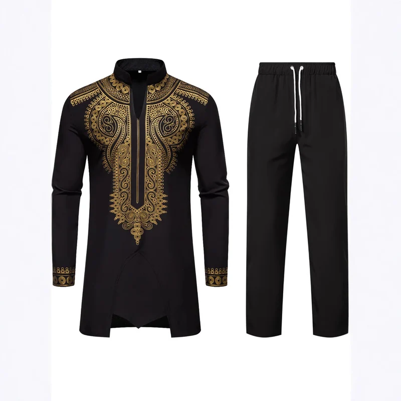 Herren Traditionelles besticktes Tunika‑Set mit Mandarinkragen und elastischer Hose Nord Taschen