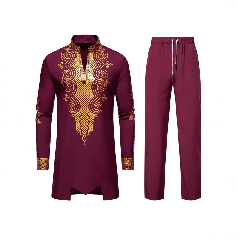 Herren Traditionelles besticktes Tunika‑Set mit Mandarinkragen und elastischer Hose Nord Taschen