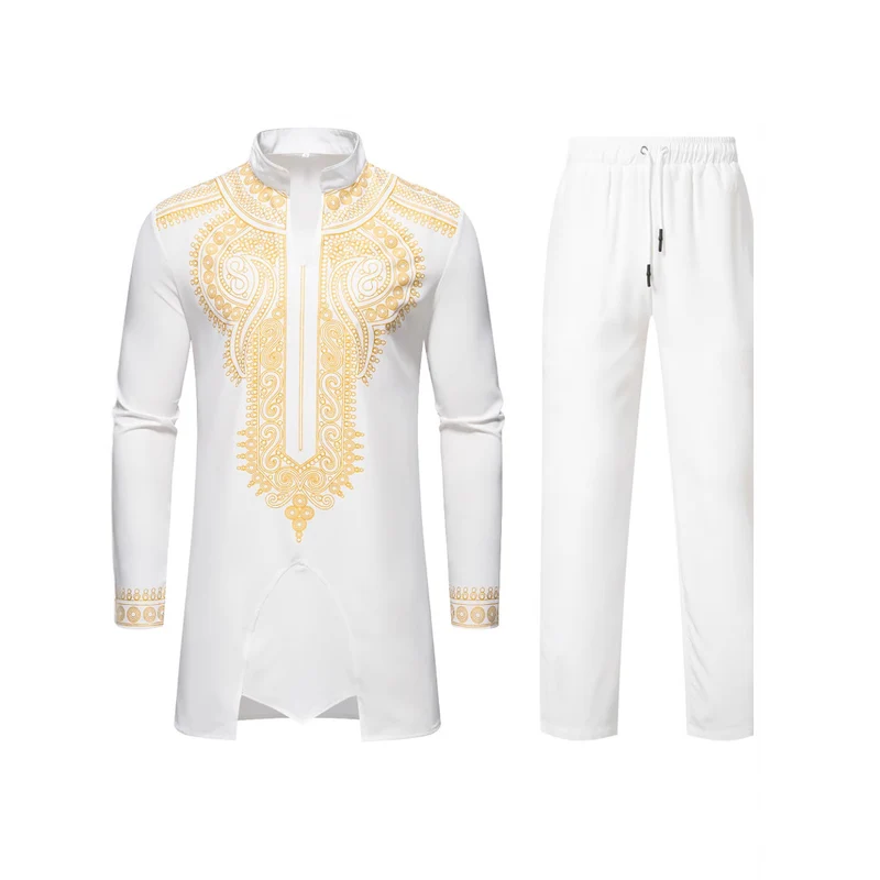 Herren Traditionelles besticktes Tunika‑Set mit Mandarinkragen und elastischer Hose Nord Taschen