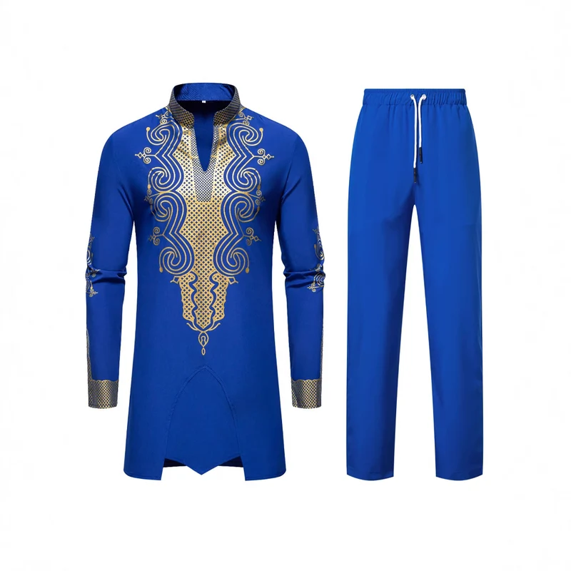 Herren Traditionelles besticktes Tunika‑Set mit Mandarinkragen und elastischer Hose Nord Taschen