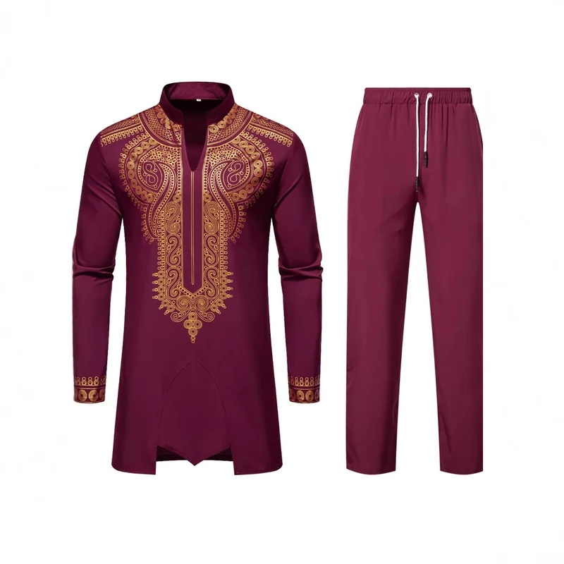 Herren Traditionelles besticktes Tunika‑Set mit Mandarinkragen und elastischer Hose Nord Taschen