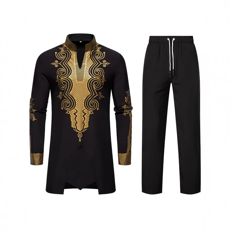 Herren Traditionelles besticktes Tunika‑Set mit Mandarinkragen und elastischer Hose Nord Taschen