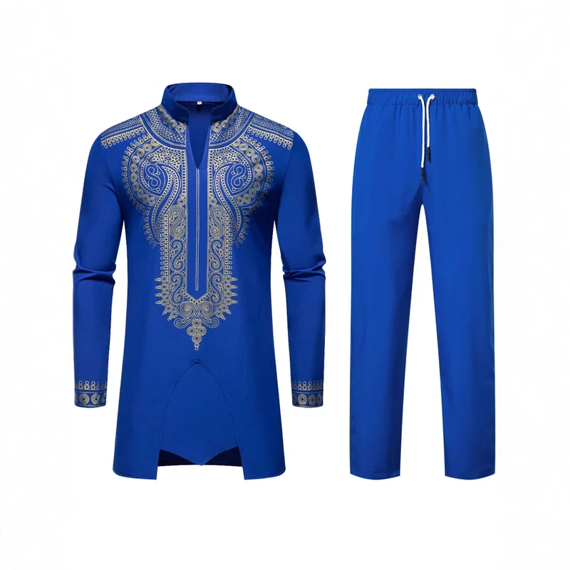 Herren Traditionelles besticktes Tunika‑Set mit Mandarinkragen und elastischer Hose Nord Taschen