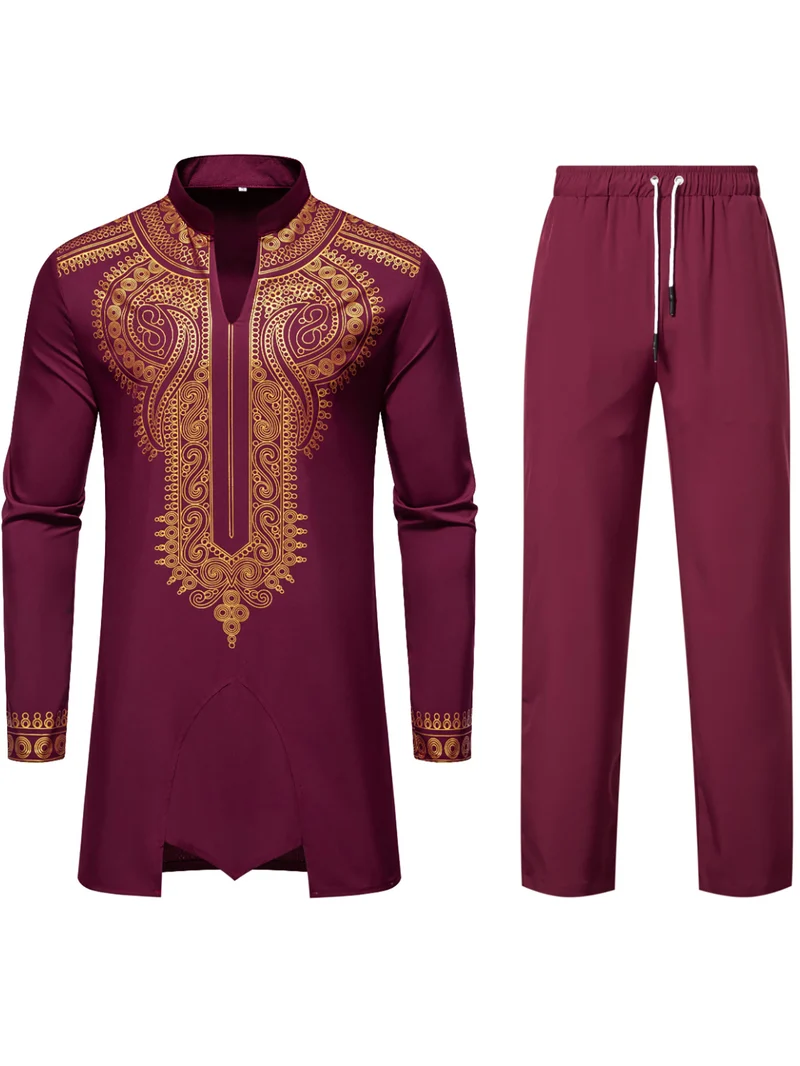 Herren Traditionelles besticktes Tunika‑Set mit Mandarinkragen und elastischer Hose Nord Taschen