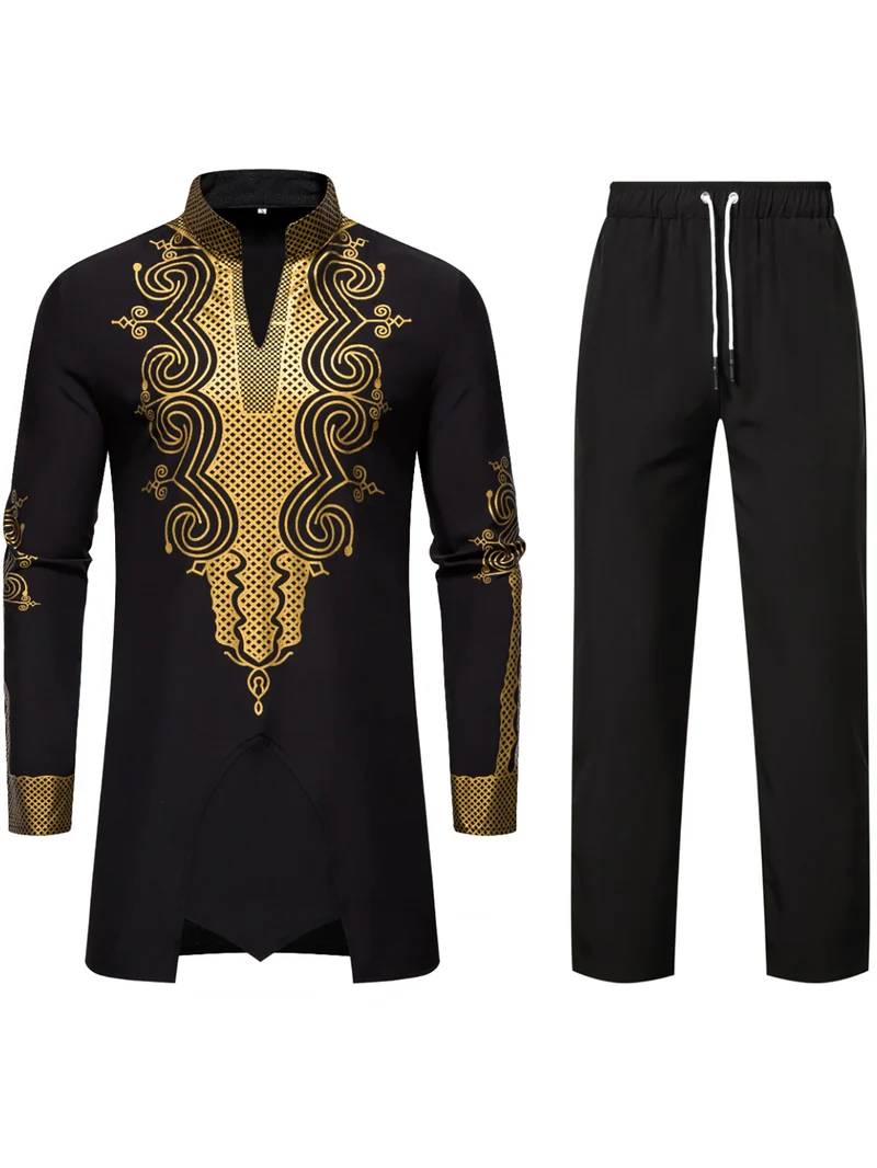 Herren Traditionelles besticktes Tunika‑Set mit Mandarinkragen und elastischer Hose Nord Taschen