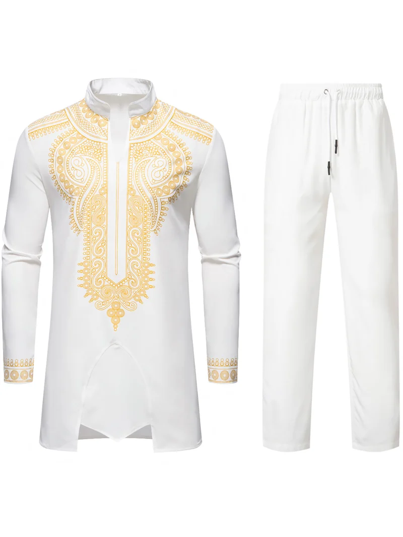 Herren Traditionelles besticktes Tunika‑Set mit Mandarinkragen und elastischer Hose Nord Taschen