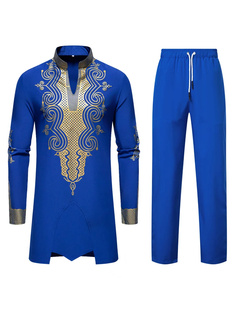 Herren Traditionelles besticktes Tunika‑Set mit Mandarinkragen und elastischer Hose Nord Taschen
