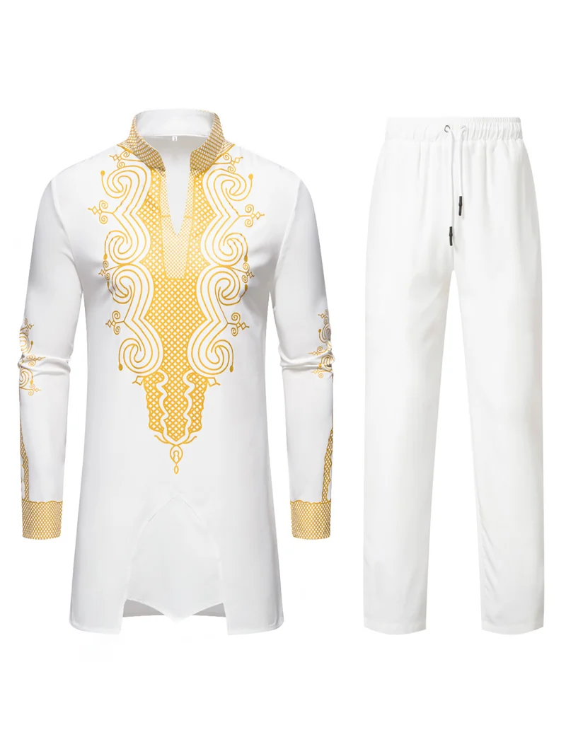 Herren Traditionelles besticktes Tunika‑Set mit Mandarinkragen und elastischer Hose Nord Taschen
