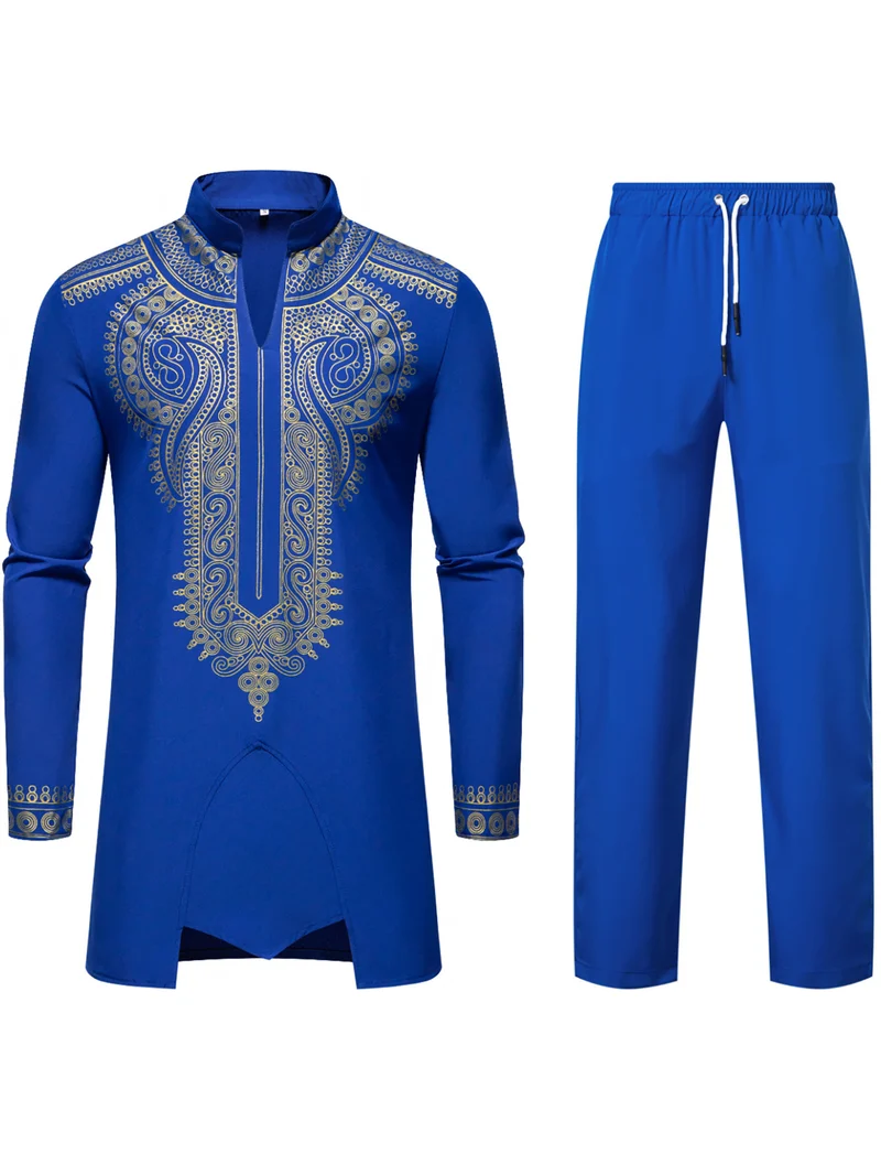 Herren Traditionelles besticktes Tunika‑Set mit Mandarinkragen und elastischer Hose Nord Taschen