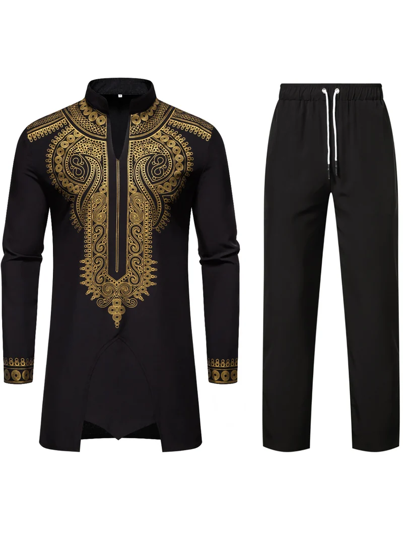 Herren Traditionelles besticktes Tunika‑Set mit Mandarinkragen und elastischer Hose Nord Taschen
