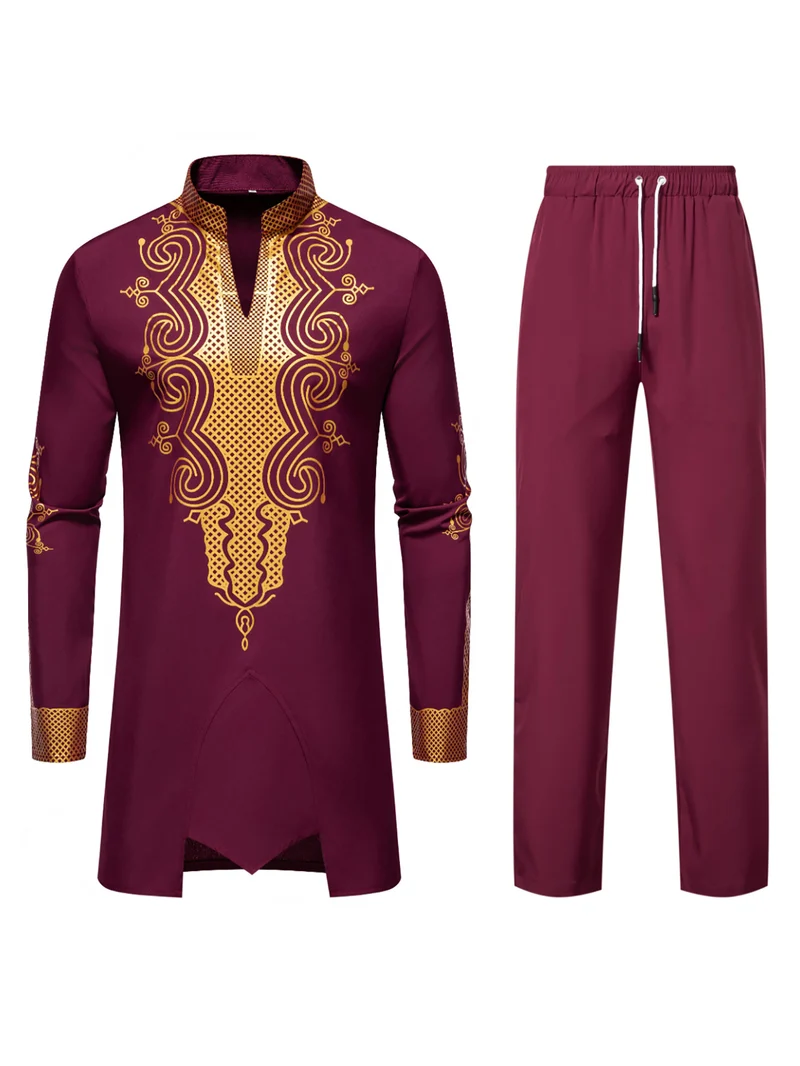 Herren Traditionelles besticktes Tunika‑Set mit Mandarinkragen und elastischer Hose Nord Taschen