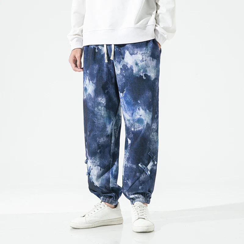 Herren Tie-Dye Baggy Jogginghose mit Tunnelzug, Gummibündchen und dekorativen Riemen Nord Taschen