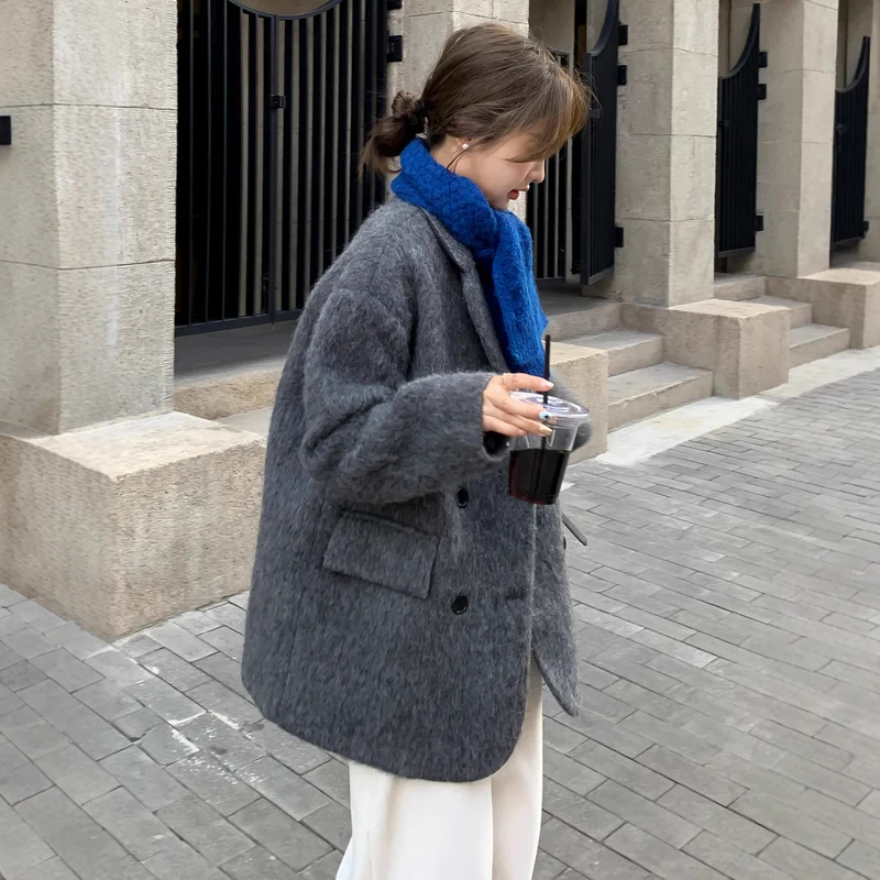 Damen Grobgestrickter Wollmix-Longmantel mit Oversize‑Silhouette und doppelreihiger Knopfleiste Nord Taschen