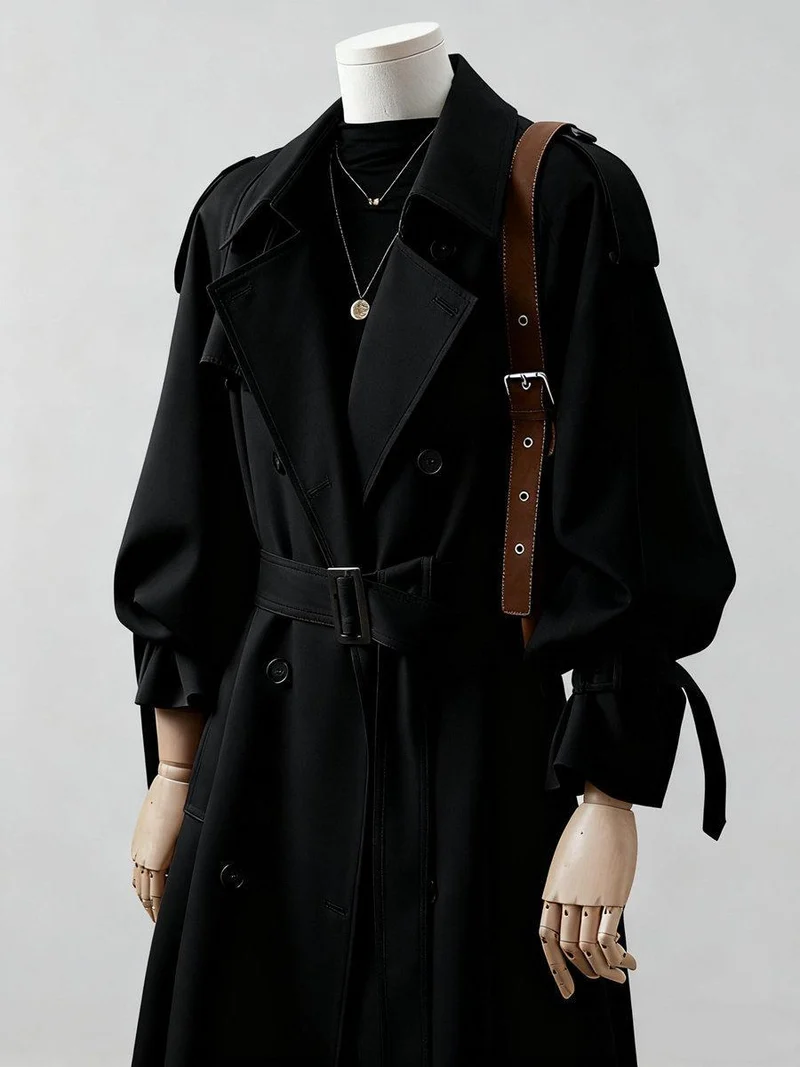 Damen Doppelreihiger Trenchcoat mit Taillengürtel und Ballonärmeln Nord Taschen